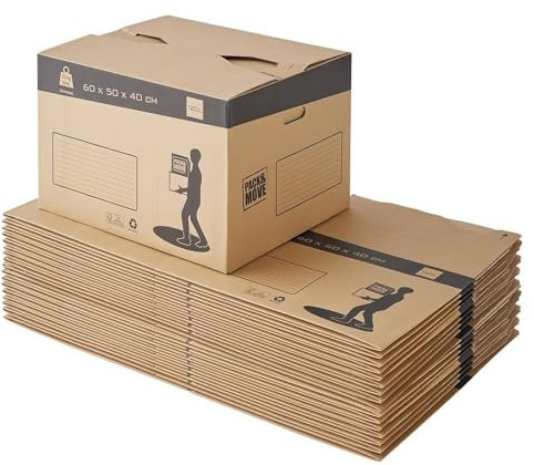 Pack de cajas de cartón para mudanza con fondo automático - 60x50x40cm - Charge max 30KG / 120L - certificados FSC 70% - Pack and Move (20)