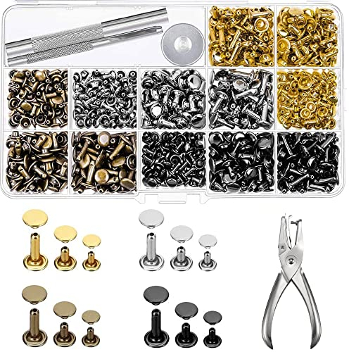 ZKSMNB Nieten, 480 Sets + Ledernieten Metallnieten Set mit 3 Werkzeugen und 1 Nietzangen, 3 Größen Doppelkopf Rohrnieten, Lederverarbeitungszubehör für DIY Kleidung und Lederhandwerk (4 Farben)