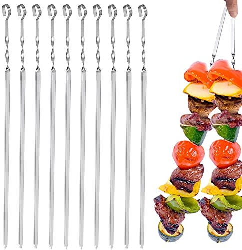 Seasboes 10 Stücke Grillspieße, 38cm Lang BBQ Spieße, Wiederverwendbare Spieß Stöcke, Schaschlikspiesse Edelstahl für Grillpartys im Freien und im Garten, Sommer Lagerfeuer Party