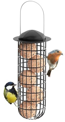 iBorn Comederos de Metal para Aves con Bolas de Grasa para Aves Silvestres Paquete de 1 Soporte para Bolas de Grasa de Energía Colgante Acabado en Color Negro