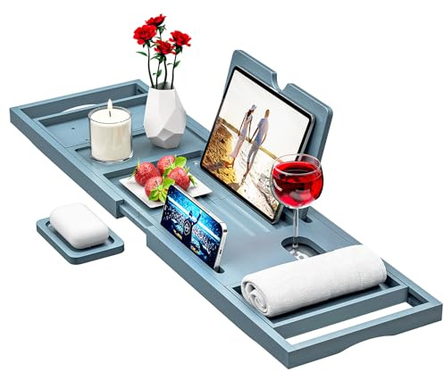 Premium Bamboo Bath Tray Caddy – Extendable Bath Caddy Tray, Wine Glass Holder, Device (Tablet, Kindle, iPad, Smart Phone) Tray for a Home-Spa Experience – Fits Most Bath Sizes