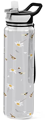 CHIFIGNO Cute Bee White Daisy Flowers 32 Oz Water Bottle with Straw and Handle, Gym Water Bottle with Carrying Strap, BPA Free Clear Water Bottles for Cycling, Hiking Fitness
