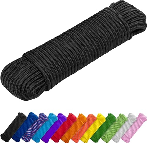 TECEUM Corda – 45M x 7mm (1/4 Inch) – Nero (Black) – Multiuso Resistente – Campeggio, Artigianato, Uso Interno ed Esterno – Corda Leggera Intrecciata a Diamante in Polipropilene e Nylon