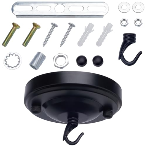 GORGECRAFT 104x26mm Kit Rosone Luminoso Kit Rosone per Lampadario Vintage Nero Piatto Rotondo In Ferro Kit Rosone per Soffitto In Ferro con Viti Ganci Appendiabiti e Accessori Carico Massimo 22 libbra
