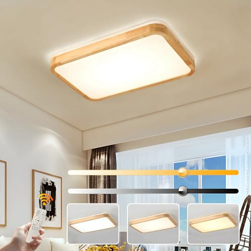 WayLuoung Holz LED Deckenleuchte | 60 * 40cm 3000-6000K 38W | Rechteckige 360° Leuchtende Natürliche Holzlampe, Schlafzimmer Wohnzimmer Kinderzimmer Küche Esszimmer (Dimmbar Mit Fernbedienung)