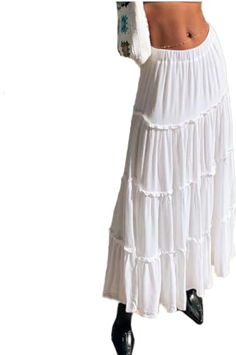 Yassiglia Women Casual Summer Drawstring Long Skirts Gypsy Skirt Boho Maxi Skirts for Women UK for Beaches Club (UK, Alpha, S, Regular, Regular, 02White)