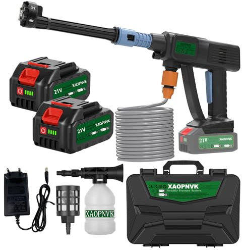 Idropulitrice Portatile a Batteria, Idropulitrice per Auto Cordless da 60 Bar con 2 Batterie, Ugello 6 in 1,Tubo da 5 Metri, per L'irrigazione, Pulizia, Lavaggio auto, Lavaggio Pavimenti(Nero)