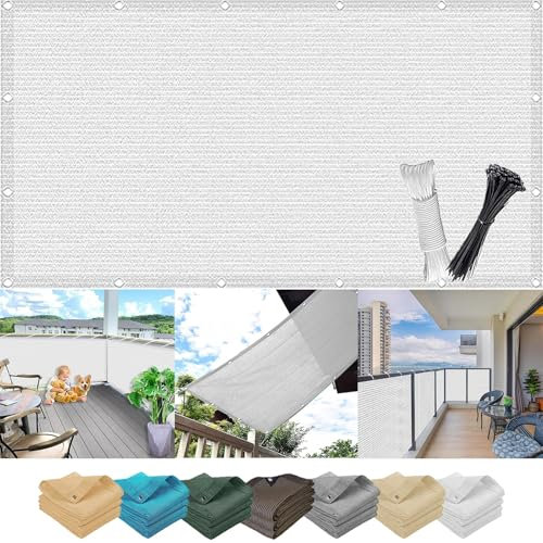 Cache Balcon Extérieur 5 x 7 m, Résistant, Durable, La Moisissure, Facile a Poser, Pas Besoin de Percer Habillage Balcon Protection Solair, avec Œillets, pour Balcon, Blanc