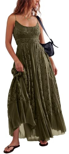 Gacaky Summer Dress for Women - Green, Small - Casual Lace Floral Embroidered Bohemian Maxi Dress - A Line, Sleeveless, High Waist, Scoop Neck - Perfect for Beach, Vacation, Party