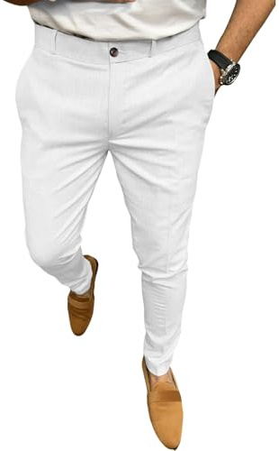 Oanviso Pantalon Costume Homme Habillé Chino Slim Fit Tailleur Pantalon Smoking Casual Formal Business Élégant Coupe Ajustée Pantalon Bureau De Travail Uni Classique Jogging Blanc L