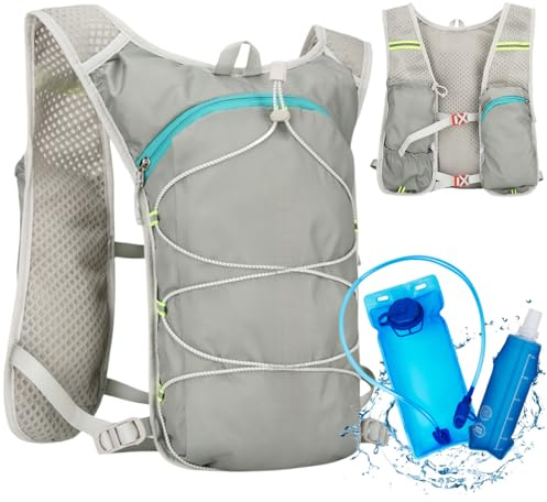 Gilet Hydratation Running, Réglable Gilet d'hydratation avec Poche d'eau 2L et Flacon Souple 500ml, Sac à Dos d'hydratation Réfléchissant Sac Hydratation Running Homme e Femme (Gris)