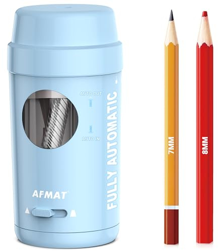 AFMAT Electric Pencil Sharpener for Colored Pencils 7-8 mm, Rechargeable Fully Automatic Pencil Sharpener, Auto in&Out,Battery Powered,Safe Portable Electric Sharpener for Home,Office,School,Blue PSX8
