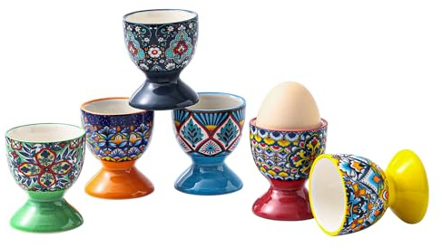 HENXFEN LEAD Boho Ceramic Egg Cups Set of 6 – Colorful Egg Holders for Soft & Hard Boiled Eggs, Microwave & Dishwasher Safe, Perfect for Breakfast & Easter