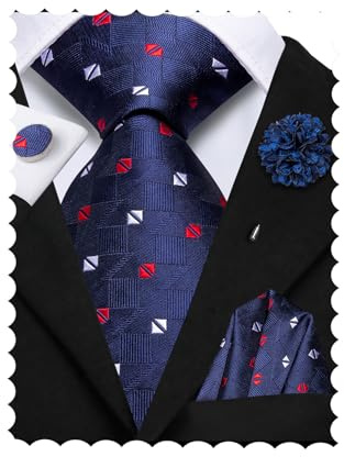 Hi-Tie Novelty Blue Ties for Men Silk Geometric Mens Tie Necktie Pocket Square Cufflinks Flower Lapel Pin Set for Business