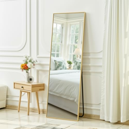 Clevich Specchio da Terra,162 x 53 cm,Specchio Rettangolare da Parete con Cornice in Alluminio Rinforzata, da Parete o Terra per Camera da Letto, Soggiorno, Oro