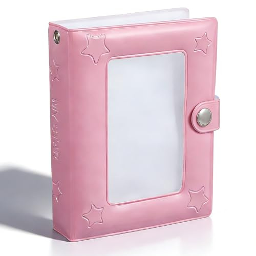 Mini Photocard Binder 3 Inch Pocket Hollow Photocard Holder Book with 40 Pockets, Small Star PU Leather Cover Trading Cards Album Photocards Binder for Collecting, Travel-Friendly Storage(Pink)