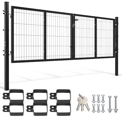 Peviasot Portail de jardin - 300 x 100 cm - Double battant - En acier galvanisé - Avec poignée, serrure et 3 clés - Robuste - Anthracite