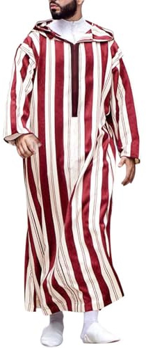 RUMAOZIA Abbigliamento islamico Uomo Abbigliamento da preghiera islamica per Uomo Musulmano Caftano Abbigliamento Arabo Cotone Lungo Jilbab Uomini A Strisce Vestito Musulmano con Cappuccio Abiti