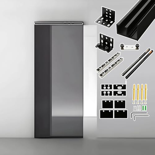 Kit de herrajes para puerta corredera con espejo con pista invisible y sistema de amortiguación para un funcionamiento suave y silencioso