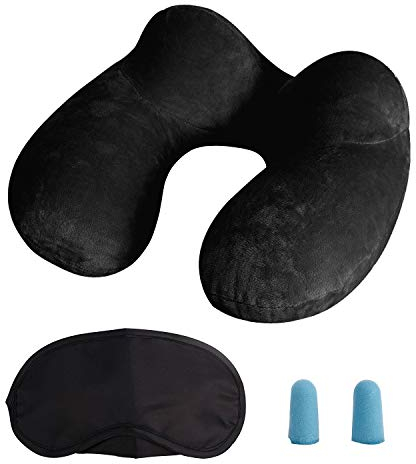 LUZWAY Inflatable Travel Pillow Neck Pillow Kits Ergonomic Soft Velvet Washable Pillowcase with Ear Plug and Eye Mask, Lightweight Sleeping Rest Cushion for Airplane, Car, and Train(Black)