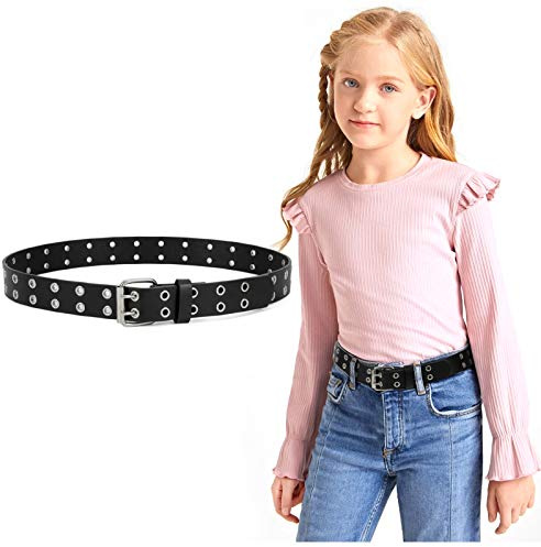 JASGOOD Kids Double Grommet Belt for Girls and Boys, PU Leather Kids Double Studded Holes Belt for Jeans Pants