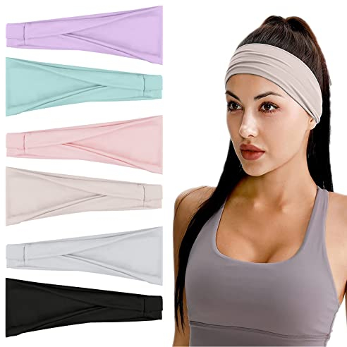 Flintronic 6 PCS Sports Damen Stirnband, Baumwollstretch Schweißband Mischfarben, Wicking Stretchy Stirnband für Frauen Sport/Yoga/Laufen/Fitness