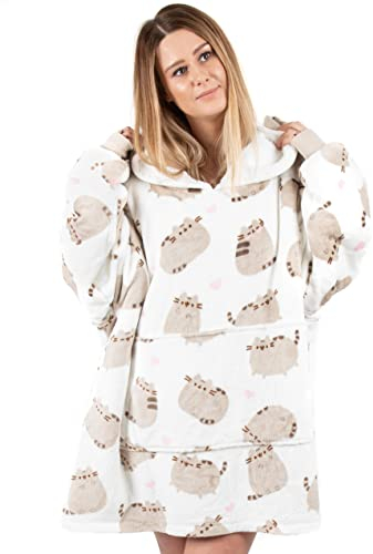 Pusheen Womens Wearable Blanket | Ladies Tabby Cat with Hearts All Over Print Fleece Hoodie | Cosy Heavyweight Internet Character Snuggle Hooded Pullover | Cute Loungewear Merchandise Gift for Women