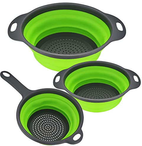3 Pcs Collapsible Colanders Set, Silicone Colanders & Food Strainers, Foldable Filter Drain Baskets, Green Kitchen Strainer Washing up Bowl with Handle for Draining Pasta Fruits Vegetable Colanders