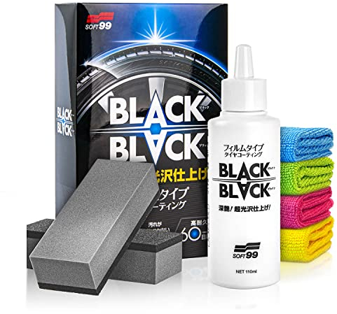 Auto Reifenpflege Coating Set: Soft99 Black Black Reifendressing (110ml) + Applikator - der ultimative brandneu Look für deine Auto Reifen - Reifenglanz, Gummipflege, Reifen Tire Dressing | 8-teilig