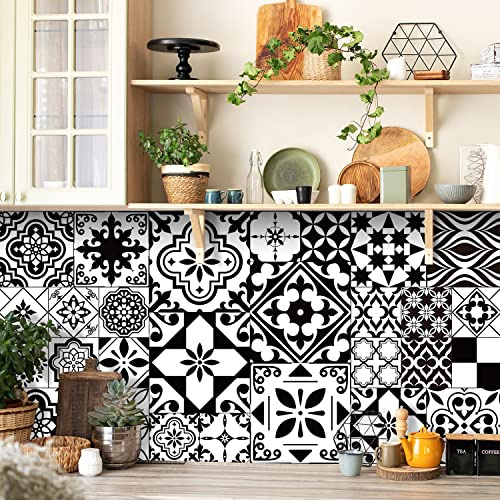 Tile Stickers for Kitchen DIY 28 pcs Self Adhesive Wall Tiles Bathroom | Stick On Wall Waterproof Oil-Proof Art (15 x 15cm 6 x 6 inch,10 x 10 cm 3.9 x 3.9 inch,20 x 20 cm 7.8 x 7.8 inch) Black&White