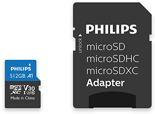 Philips Ultra Pro microSDXC Card 512 GB + SD Adapter UHS-I U3, Lesegeschwindigkeit bis zu 100 MB/s, A1 Fast App Performance, V30, Speicherkarte für Smartphones, Tablet, PC, Card Reader, 4K UHD Video