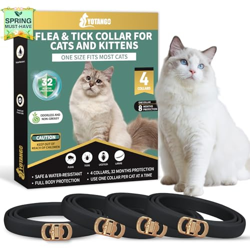 YOTANGO 4 Pack Flea Collar for Cats, 32 Months Flea and Tick Prevention for Cats, Waterproof Cat Fleas Collar, Cat Fleas and Ticks Treatment, Adjustable Tick Collars for Kittens-Black