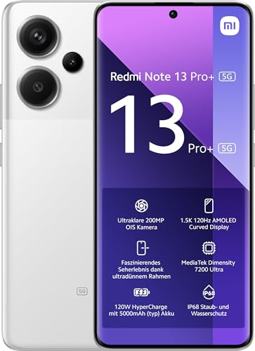 Xiaomi Redmi Note 13 Pro+ 5G Smartphone, 8+256GB, Handy ohne Vertrag, 6,67 1,5K AMOLED Display, 5.000 mAh, 200MP Kamera, Dual-SIM, Weiß