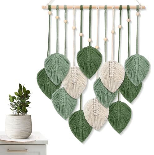 ASMPCUE Boho Macrame da Parete, Arazzo Fatto a Mano Decorazione da Parete con Perline di Legno e 12 Arazzi con Foglie per Soggiorno, Camera da Letto, Cameretta dei Bambini, 20 x 27,5 Pollici (Verde)