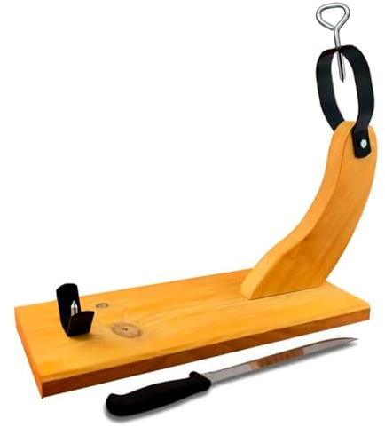 Acan Tradineur - Jamonero de Madera Modelo Curvado c/Cuchillo - Soporte para Pata y Paleta de jamón Serrano e ibérico - Agarres metálicos - Fácil Montaje - 38 x 40 x 16,5 cm
