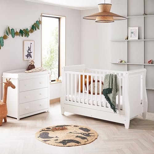 Babymore Stella 2 Piece Nursery Room Set White - 1 Baby Cot Bed & 1 Chest Changer With 3 Double Handle Drawers, Wooden Chest Of Drawer Storage Cabinet | 2 Piece Stella Nursery Room Furniture White