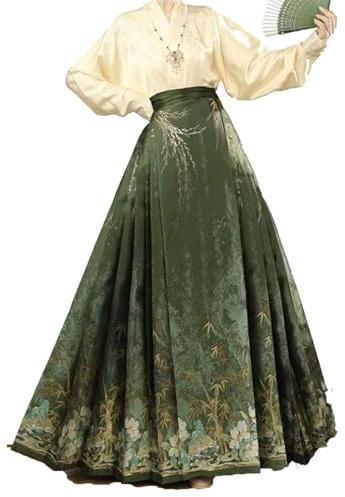 Ming Dynasty Hanfu Horse Face Skirt Women Pleats Skirt Chinese Traditional Hanfu Dress Horse Face Skirt For Party (Color : Green, Size : Large)