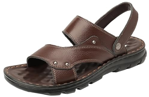 Strandsandaler män läder enfärgad: lädersandaler män bruna vattensandaler lätta sandaler tjock sula fritidssandaler med massage fotbädd platta sandaler Zero-Drop Solhe tofflor