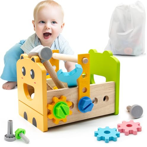 LAIKEUP Werkzeugkoffer Kinder Spielzeug ab 3 Jahre Junge Mädchen Holzspielzeug Werkzeugkasten, Kinderwerkzeug Montessori Holzspielzeug, Geschenk Junge Mädchen Werkzeug Motorik Lernspiele 2 3 4 Jahre