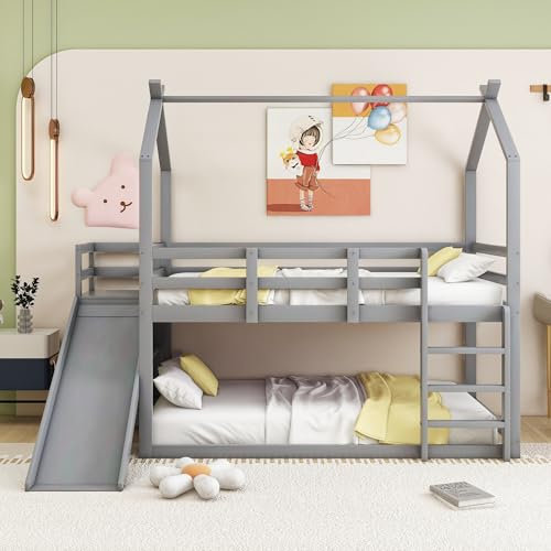 Gelukueub Doppelbett Kinderbett Hausbett Etagenbett mit Rutsche und Leiter, Kinderzimmer Hoch-Doppel-Stockbett, Grau, 140x200cm