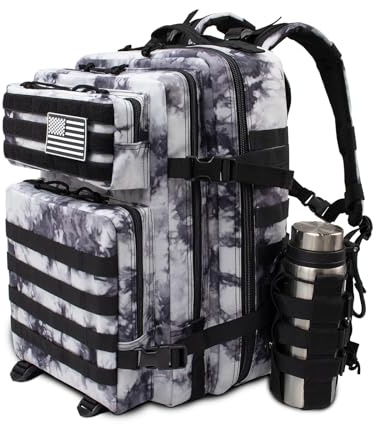 45L Large Tactical Military Backpack for Women and Men, Assault Pack Army 3 Day Molle Bug Out Bag with Adjustable Water Bottle Holder, Gym EDC Daypack Rucksack for Camping Motorcycle, Balck White Camo