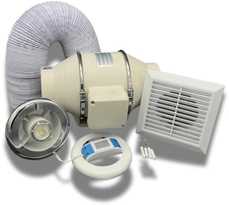 AirTech-UK FlowMax Turbo 100mm Shower Extractor Fan with Light – Inline Bathroom Extractor Fan Kit with LED & Adjustable Timer – Single Speed - Silent High Power Ventilation - Ceiling/Loft Exhaust Fan