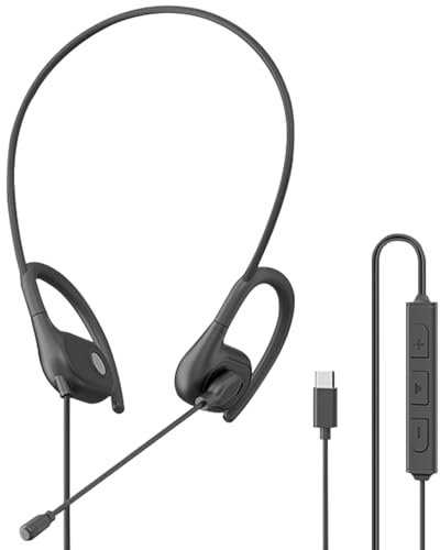 Casque audio filaire USB C avec micro crochets auriculaires - Contrôle en ligne - Conduction d'air - Casque stéréo filaire avec suppression du bruit pour les appels, le travail, le bureau, la conduite