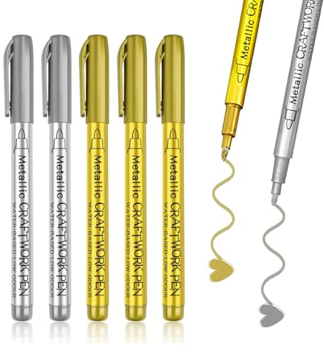 Caelura 5 Acrylfarbe Gold, Metallic Stifte, Lackstift Gold und Silber, 2 Silberstift und 3 Goldstift zum Schreiben für Holz, Glas, Steine, Keramik, Metall