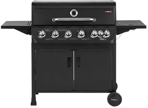 CosmoGrill NEW Emberr 7 Gas Burner 6+1 Barbecue Grill, Porcelain Warming Rack, Propane Gas Regulator Hose, Side-Burner, Storage, Wheels Built-in Temperature Gauge for Home Garden Party Outdoor Cooking