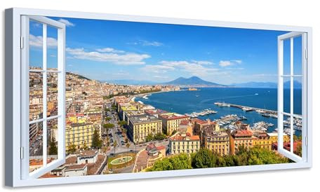 Quadro finestra Panorama golfo di Napoli Vesuvio - Stampa su tela con telaio in legno - 80x40 cm