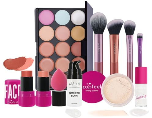 Clouparto Coffrets de Maquillage, Kit Palette Maquillage Femme, Avec Palette de 15 Couleurs Anti-cernes, Blush Pinceaux base maquillage Poudre Libre Brillant à Lèvres