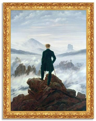 LuxHomeDecor Caspar David Friedrich - Viandante sul mare di nebbia - Quadro stampa su tela effetto dipinto con cornice in legno oro classico - 80x60 cm