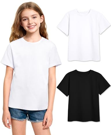KEREDA T-shirt de sport à manches courtes pour filles - Chemises d'été pour enfants - Couleur unie - Col rond - Décontracté - Hauts basiques pour adolescents - 7-14 ans, Noir/blanc., 134-140