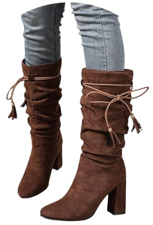 Stivali A Metà Polpaccio Con Frange Stivaletti Da Donna Con Plissettatura E Tacco Largo Stivaletti Slip-on Con Gambale Largo Scarpe In Pelle Scamosciata Autunno/inverno for Esterno(Brown,39 EU)